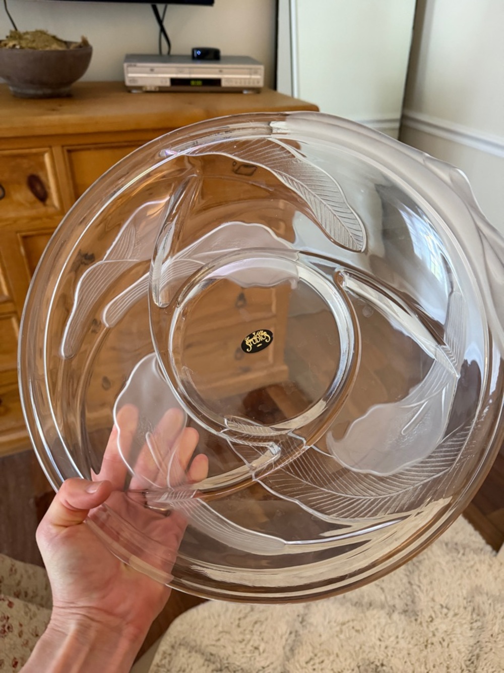 Vintage Clear Glass Serving Bowl with Leaf Etching